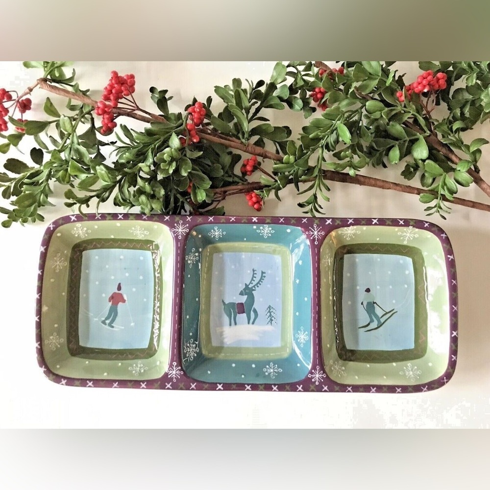 🔥🔥Lori Siebert Hand Painted Three Part Serving Dish ZRIKE Ski Lodge Winter…